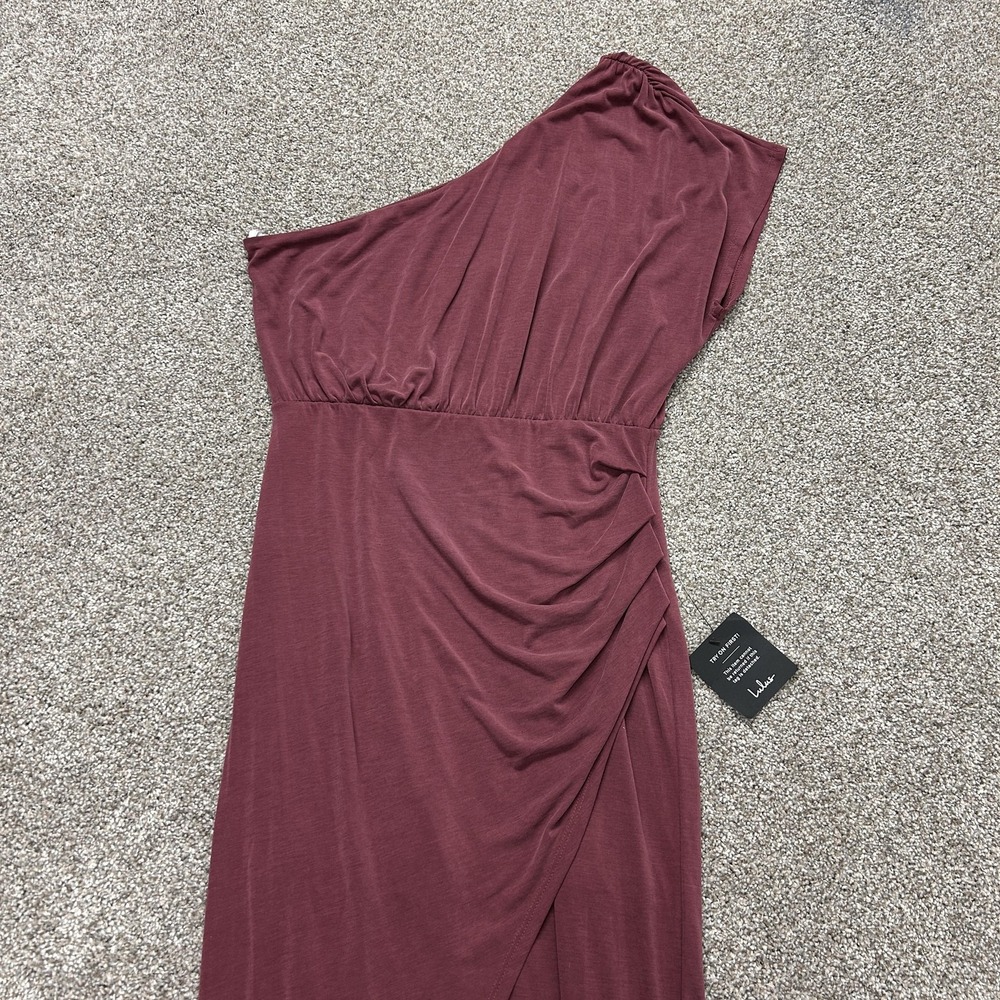 Lulus Dress Womens L Pink One Shoulder Ruched Jersey Wrap Maxi Formal Gown